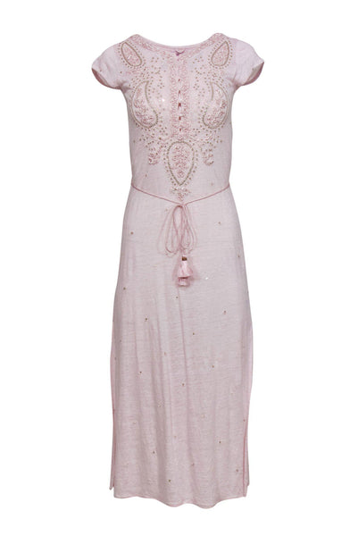 Linen Belted Slit Embroidered Button Closure Sequined Cap Sleeves Round Neck Tie Waist Waistline Maxi Dress