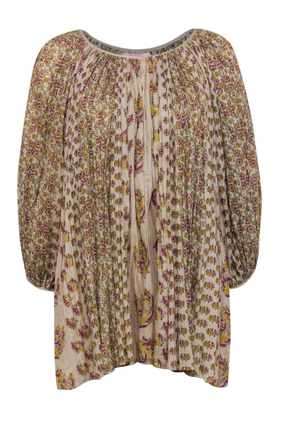 Cotton Round Neck Paisley Print Pleated Button Front Shift Tunic