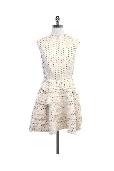 Polka Dots Print Tiered Back Zipper Full-Skirt Cap Sleeves Polyester Dress