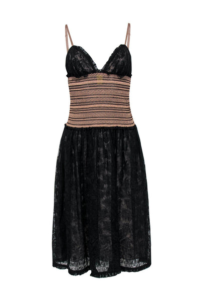 Fit-and-Flare Fitted Lace Elasticized Waistline Smocked Little Black Dress