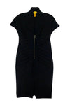 V-neck Cocktail Slit Front Zipper Fitted Pleated Cap Sleeves Little Black Dress