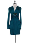 Sexy V-neck Above the Knee Silk Long Sleeves Fitted Beaded Pleated Hidden Back Zipper Dress