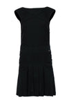 Sleeveless Fitted Pleated Pocketed Hidden Back Zipper Shift Silk Round Neck Dropped Waistline Little Black Dress