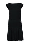 Round Neck Shift Dropped Waistline Sleeveless Silk Pocketed Hidden Back Zipper Fitted Pleated Little Black Dress
