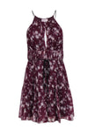 Short Fit-and-Flare Floral Print Tie Waist Waistline Fitted Hidden Side Zipper Keyhole Sleeveless Summer Round Neck Dress