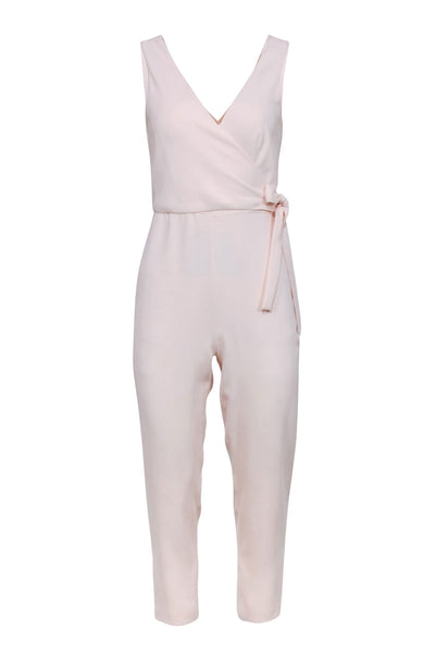 V-neck Polyester Sleeveless Pocketed Wrap Hidden Back Zipper Jumpsuit With a Sash