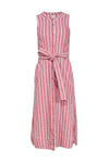 Tie Waist Waistline Round Neck Striped Print Button Front Pocketed Side Zipper Belted Dress