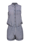 Button Closure Pocketed Piping Collared Summer Sleeveless General Print Elasticized Waistline Romper
