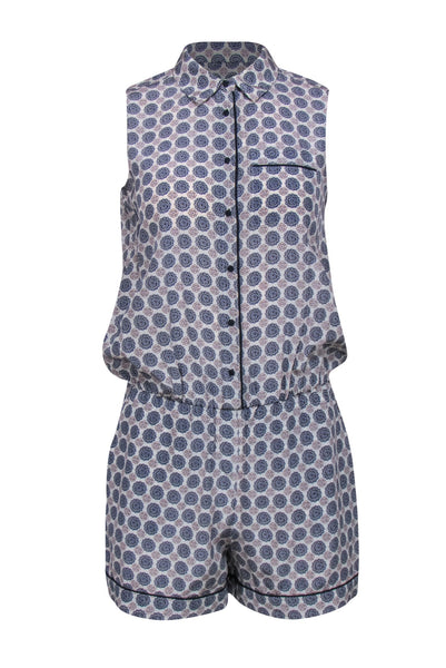Summer Elasticized Waistline General Print Sleeveless Collared Button Closure Piping Pocketed Romper
