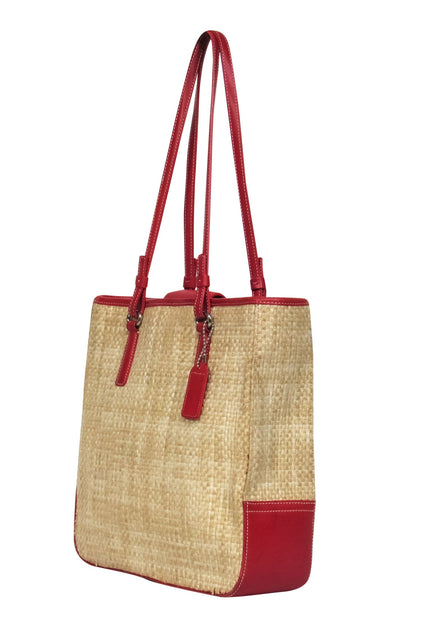 Coach - Beige Woven Straw Tote w/ Red Leather Trim – Current Boutique