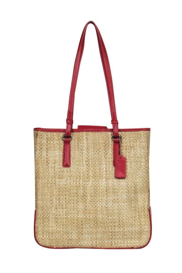 Coach - Beige Woven Straw Tote w/ Red Leather Trim – Current Boutique