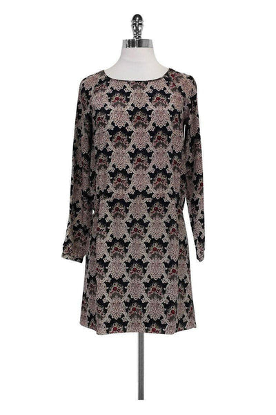 Long Sleeves Round Neck Silk Paisley Print Dress