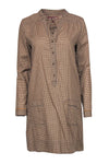 Cotton Shift Pocketed Button Front Long Sleeves Plaid Print Dress