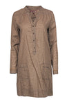 Pocketed Button Front Cotton Shift Long Sleeves Plaid Print Dress