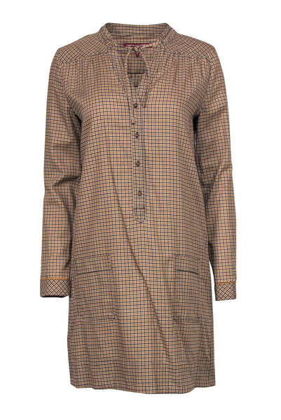 Long Sleeves Plaid Print Button Front Pocketed Cotton Shift Dress