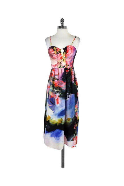 Hidden Back Zipper Gathered Sweetheart Polyester Floral Print Spaghetti Strap Dress