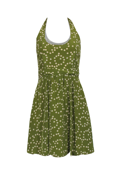 Backless Fitted Hidden Back Zipper Polka Dots Print Halter Scoop Neck Sleeveless Fit-and-Flare Short Dress