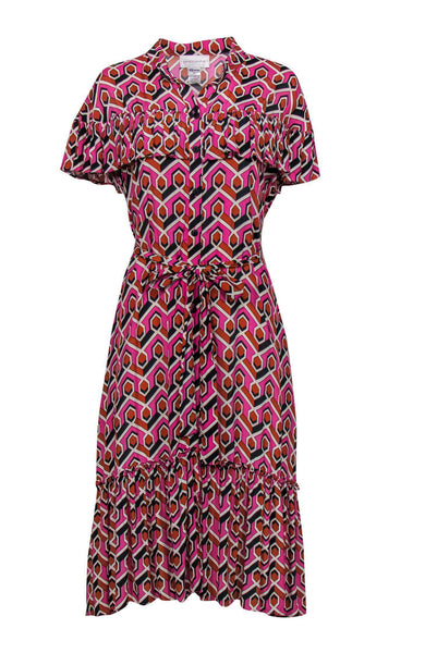 Petite Round Neck Ruffle Trim Geometric Print Tie Waist Waistline Button Front Belted Viscose Summer Shirt Dress