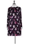 Viscose Floral Print Shift Hidden Back Zipper Collared Long Sleeves Dress