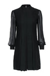 Mesh Fitted Cutout Pleated Side Zipper Button Closure Vintage Polyester Mock Neck Long Sleeves Short Dress