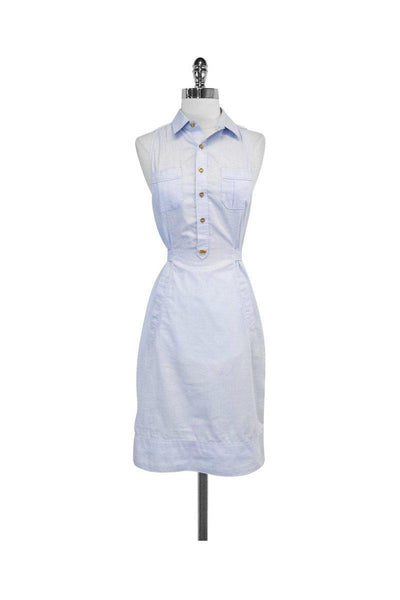 Sleeveless Cotton Hidden Side Zipper Semi Sheer Button Front Pocketed Shirt Dress