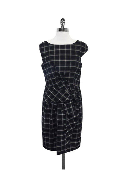 Hidden Back Zipper Gathered Plaid Print Cap Sleeves Dress With a Bow(s)