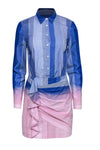 Sheath Long Sleeves Cotton Collared Button Front Draped Gathered Hidden Side Zipper Shirt Sheath Dress