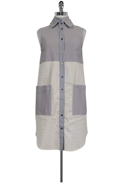 Sleeveless Pocketed Button Front Cotton Striped Print Collared Shirt Dress