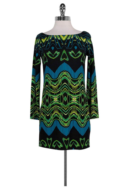 Abstract Print Silk Above the Knee Long Sleeves Round Neck Fitted Dress