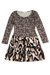 Silk Animal Print Flared-Skirt Long Sleeves Above the Knee Round Neck Dress