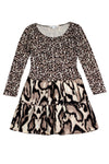 Long Sleeves Flared-Skirt Above the Knee Silk Round Neck Animal Print Dress