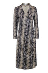 Collared Animal Snake Print Ruched Faux Wrap Midi Dress