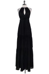 Polyester Hidden Side Zipper Pleated Keyhole Open-Back Halter Maxi Dress