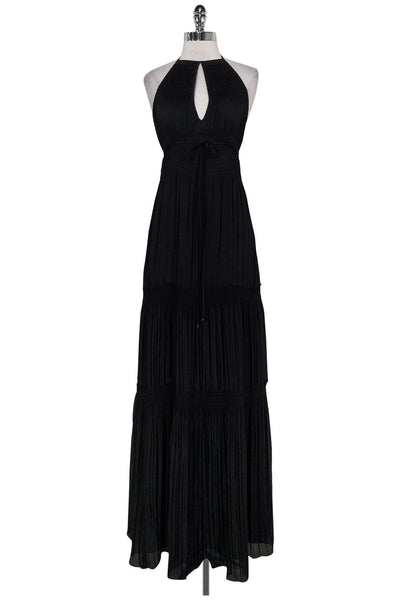 Polyester Halter Hidden Side Zipper Pleated Open-Back Keyhole Maxi Dress