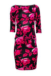 Silk Floral Print Square Neck 3/4 Sleeves Party Dress/Midi Dress