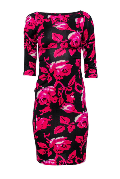 Floral Print Square Neck Silk 3/4 Sleeves Party Dress/Midi Dress