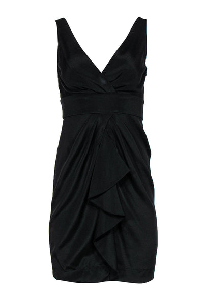 V-neck Sheath Silk Stretchy Side Zipper Draped Sheath Dress/Little Black Dress With Ruffles