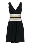 V-neck Fit-and-Flare Sleeveless Fitted Hidden Side Zipper Pocketed Striped Print Little Black Dress