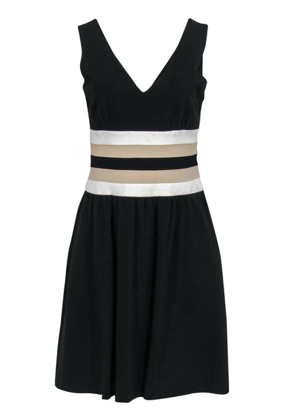 V-neck Striped Print Sleeveless Hidden Side Zipper Pocketed Fitted Fit-and-Flare Little Black Dress