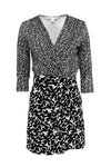 V-neck Silk Long Sleeves Abstract Print Wrap Fitted Hidden Side Zipper Dress