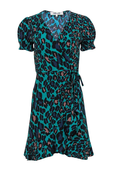 Tall V-neck Short Polyester Puff Sleeves Sleeves Animal Leopard Print Wrap Dress