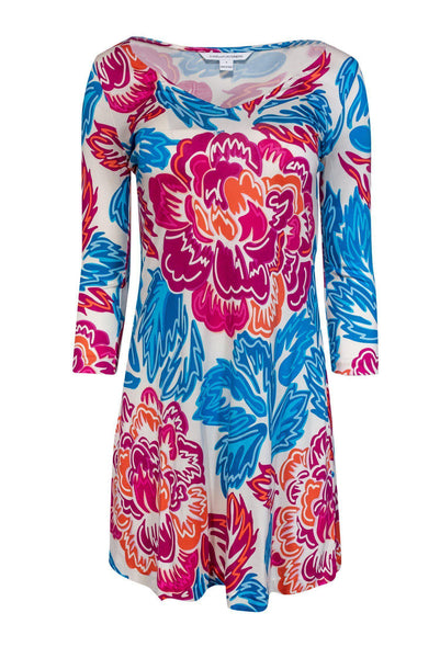 V-neck Silk Shift Summer Long Sleeves Floral Print Dress