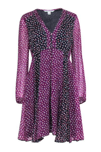 A-line V-neck Long Sleeves Fit-and-Flare Polka Dots Print Empire Waistline Fall Hidden Side Zipper Fitted Piping Flowy Midi Dress