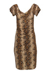 Silk Short Sleeves Sleeves Ruched Slit Scoop Neck Animal Snake Print Midi Dress