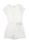 V-neck Scalloped Trim Side Zipper Pocketed Belted Snap Closure Sheer Cap Sleeves Romper