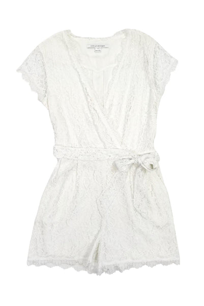 V-neck Scalloped Trim Cap Sleeves Snap Closure Pocketed Side Zipper Sheer Belted Romper