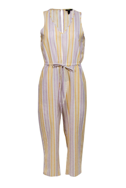 V-neck Striped Print Sleeveless Summer Drawstring Cutout Pocketed Club Dress/Jumpsuit