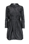 Shift Scoop Neck Polyester Long Sleeves Pleated Pocketed Snap Closure Dress