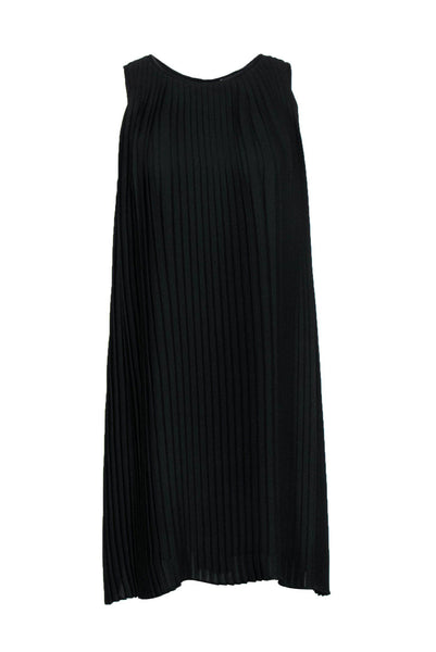 Round Neck Short Polyester Shift Pleated Button Closure Dress