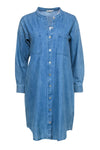 Round Neck Pocketed Button Front Belted Summer Fall Cotton Long Sleeves Shirt Dress